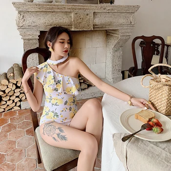 

Japanese Women's One Piece Swimsuit Sexy Print One Shoulder Ruffled Swimwear Tummy Control Backless Beach Bathing Slimming Suits