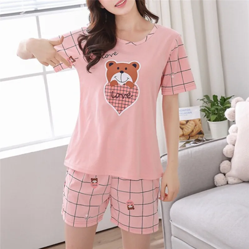 

Summer Young Girl Short Sleeve Cotton Pajamas For Women Cute Cat Bear Nightshirt Casual Home Service Short Sleepwear M-2XL
