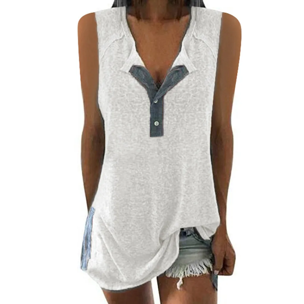 2019 Summer Plus Size Women s T-Shirt Solid Sleeveless Loose Ladies Casual Tee Shirt Button Female T Shirt Tee Tops