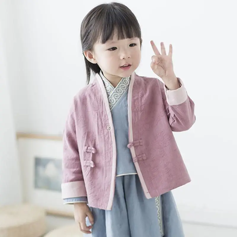 Хлопковый льняной костюм из 2 предметов для маленьких девочек; одежда для детей; одежда для фотосъемки; Улучшенный китайский стиль; костюм ханьфу; костюм для косплея - Цвет: Purple Coat