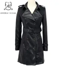 Весенняя осенняя куртка из искусственной кожи, Женское пальто, сексуальная тонкая мотоциклетная куртка с отложным воротником, Женская двубортная длинная куртка из искусственной кожи