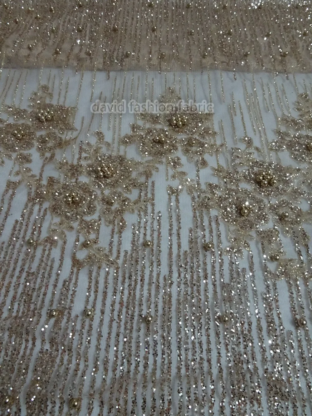 

high quality David-42093 french tulle lace fabric African sequins net lace glitter fabric with beads in gold for wedding dress