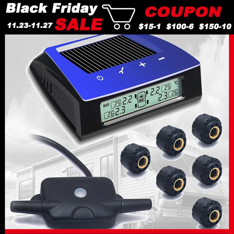 

CARCHET TPMS Solar Power Wireless LCD Tire Pressure Monitor System TPMS +6 External Sensor Tire Pressure Alarm DIY for motorhome
