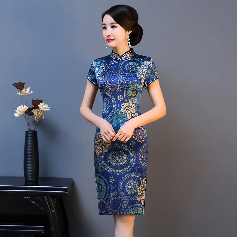 

Ms blue cheongsam elderly mother improved qipao dress Chinese style restoring ancient ways silk cheongsam