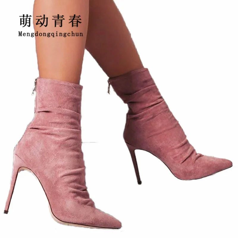 

Women Ankle Boots 2018 Women Flock Pointed Toe Thin Heels Boots Sexy Women Fashion Pleated Stretch Fabric Autumn Winter Boots