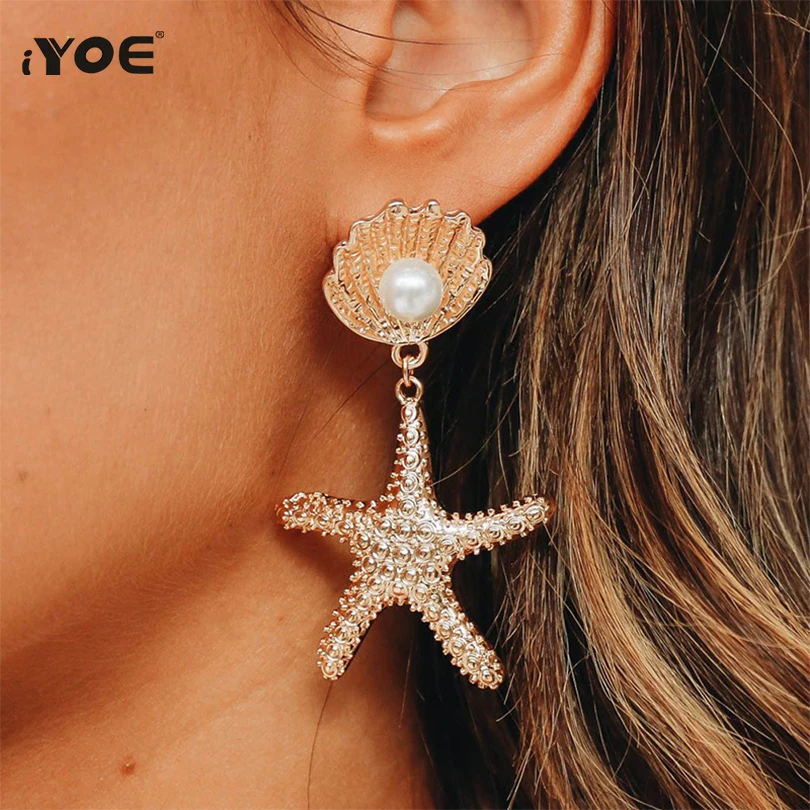 

IYOE Bohemia Summer Metal Shell Drop Earrings For Women Girls Marine Style Pearl Starfish Dangle Earring Female Ear Accessories