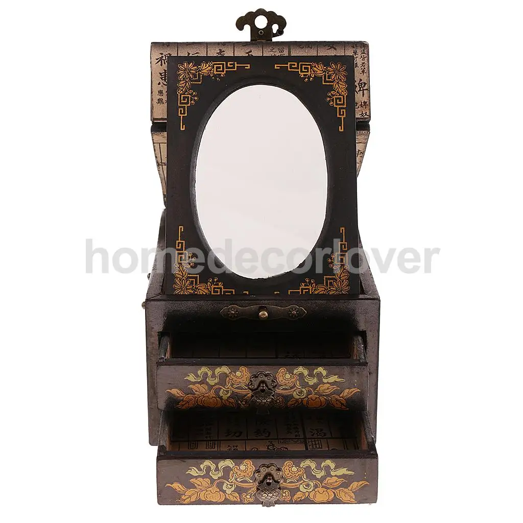 Vintage Wooden Dresser 2 Drawer 1 Mirror for Jewelry Storage Case Box Yellow