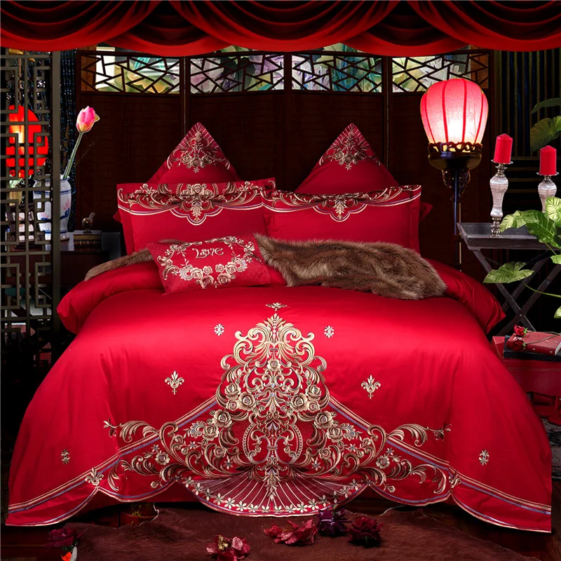 

Red Luxury Wedding style Golden Royal Embroidery 100% Cotton Bedding Set Duvet Cover Bed Linen Bed sheet Pillowcases 4/6/10pcs