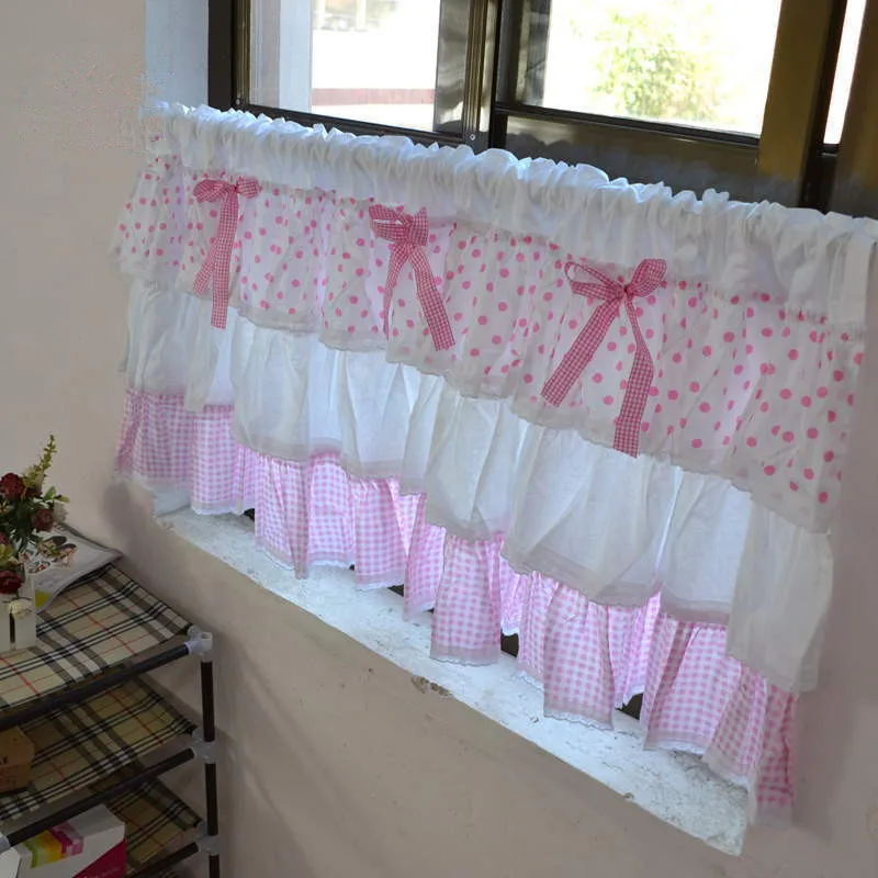 

Durable 1Panel 50cm height Lovely cake style pink lattice dots bow cotton home decorative short curtain coffee kitchen curtains