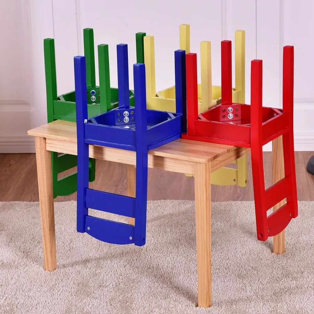 Goplus Kids 5 Piece Table Chair Set Pine Wood Multicolor Children Play Room Furniture HW55008