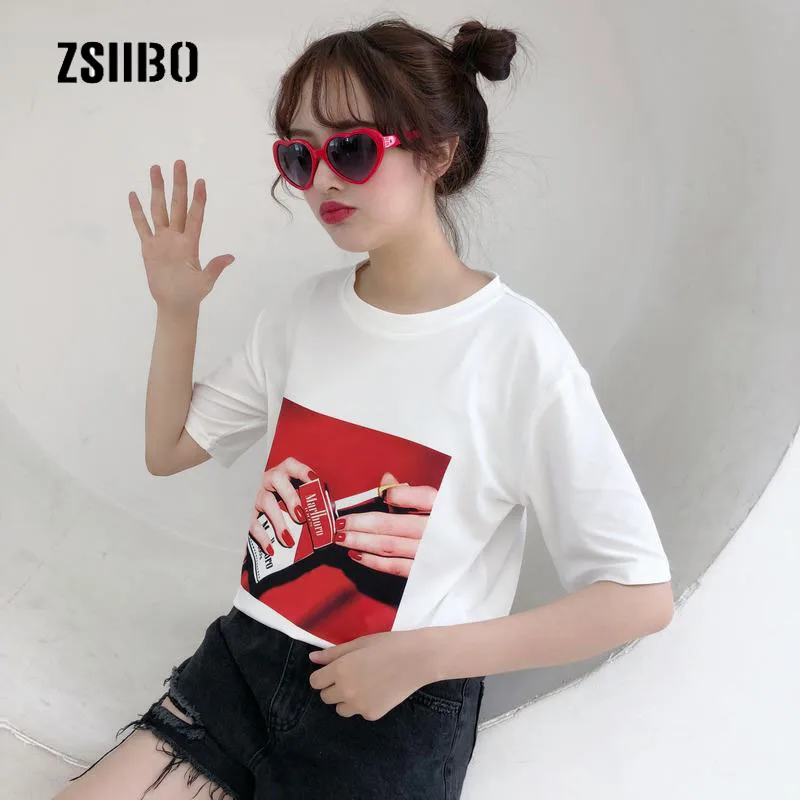 

Summer Women's Casual Harajuku Large Size Loose S-2XL Fashion Fun Cartoon Smoking Print Hip hop Short Sleeve O-neck T-Shirt
