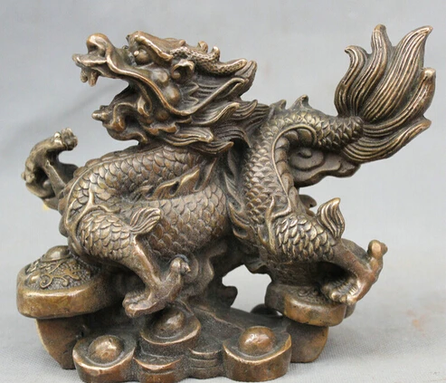 

free shipping 7" Chinese Bronze Zodiac Year dragon coin RuYI Yuan Bao money Statue Feng Shui