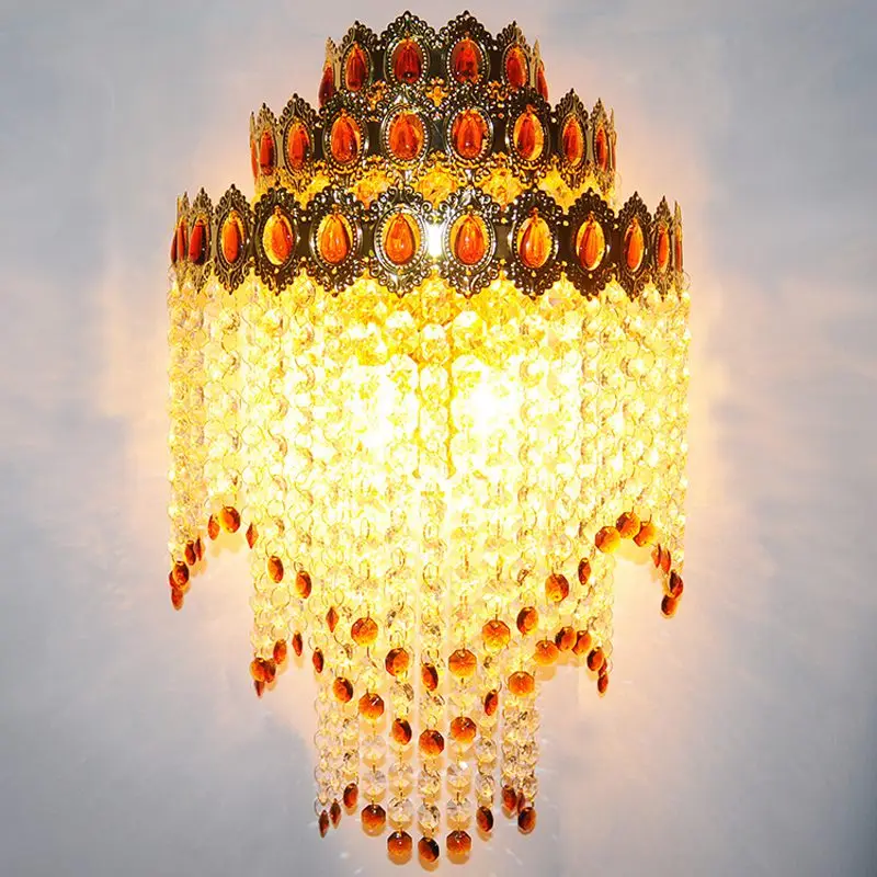 

Modern Gold Crown Palace Gate Tawny Crystal Wall Lights Bedroom Bedsides Corridor Luxury European Living Room Wall Lighting
