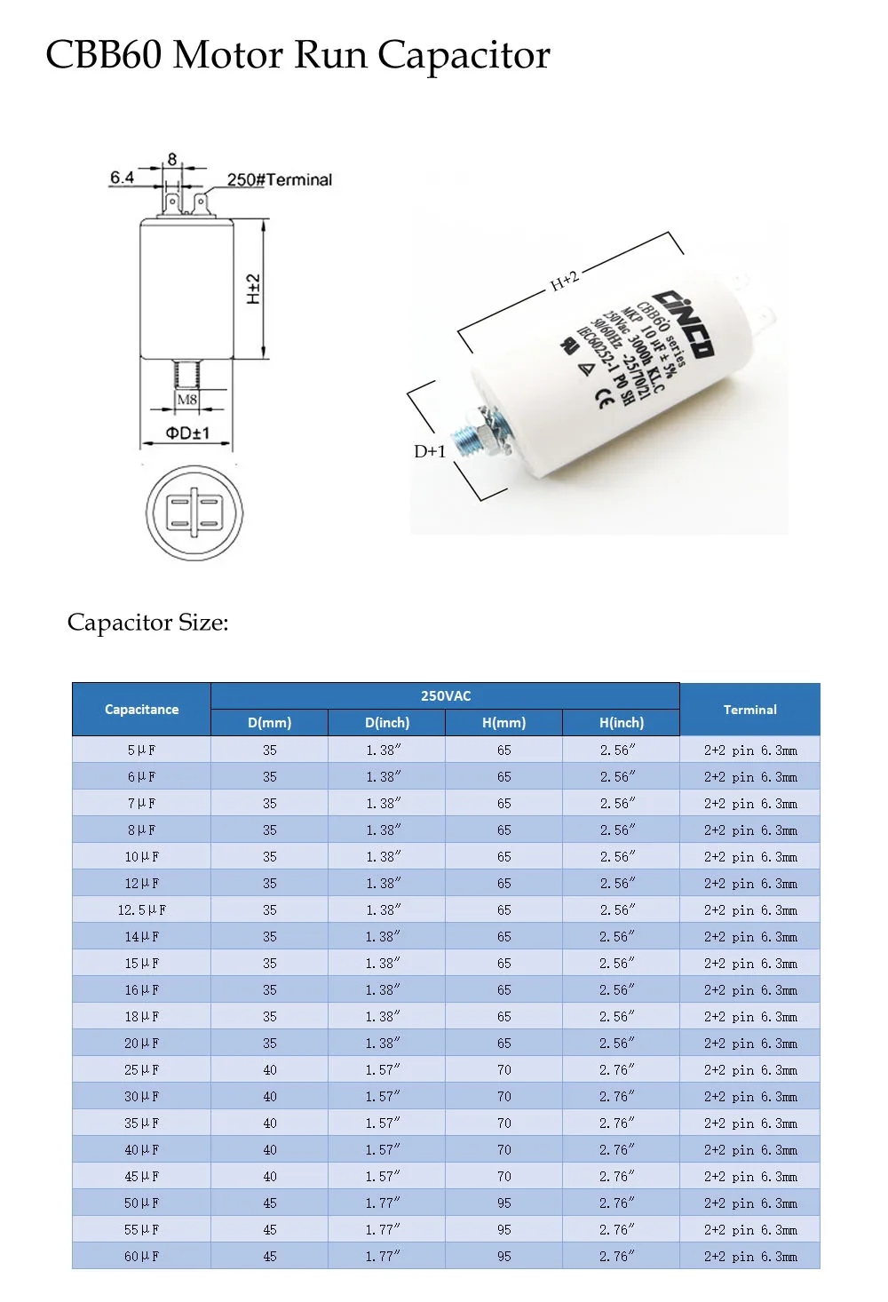 Мотор качественный конденсатор двойной Faston 40MFD 250VAC CBB60 Ac 250 V 220 V Водяной насос Электрический Capasitor двигатель 40 мкФ 40mf