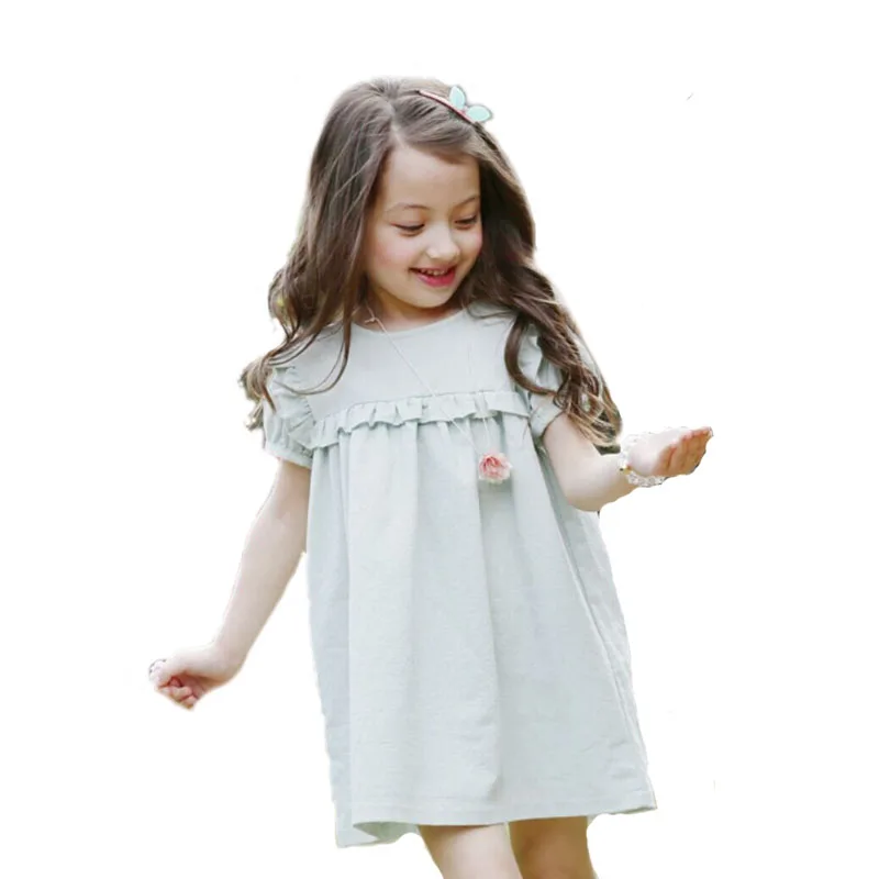 Summer Girl Dresses Light Green Korean Baby Clothes Puff Sleeve Children Christmas Dress Linen Casual Kids 2 - 7 Yrs | Детская одежда и