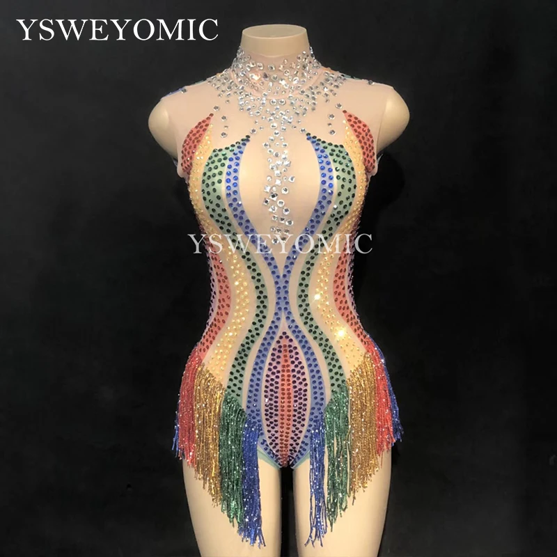 

YSWEYOMIC Women Colorful Rainbow rhinestones fringe leotard dance costume stage dance wear for girls