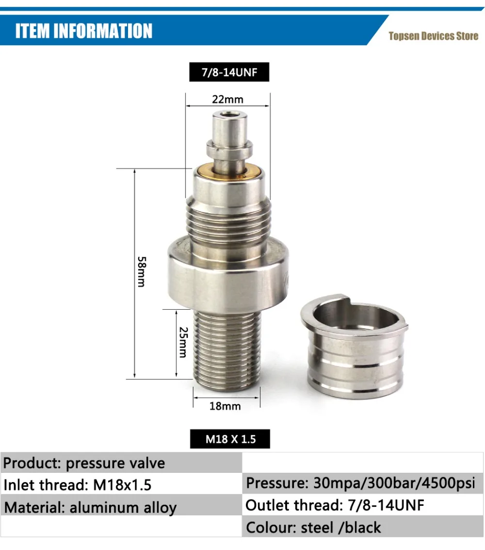 PCP Airforce Condor клапан высокого давления M18x1.5 на входе 7/8-14UNF выход 8 мм заполняющий ниппель 4500psi заполняющий адаптер тестовый наполнитель Adpater