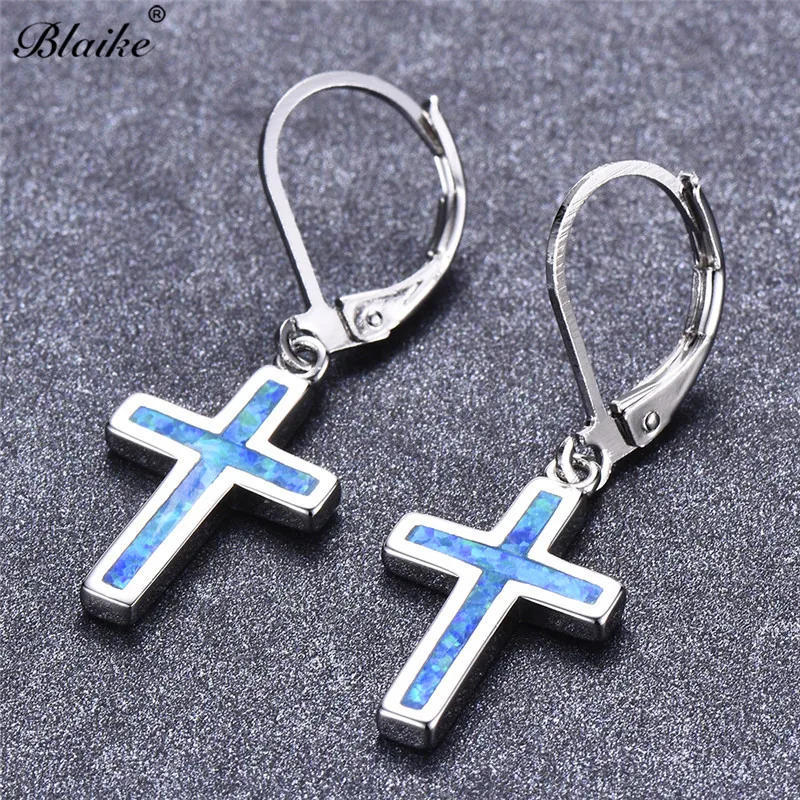 

Blaike Statement Cross Blue/White Fire Opal Drop Earrings For Women Vintage 925 Sterling Silver Filled Trendy Halloween Gifts