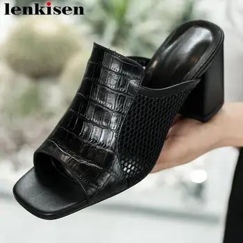 

Lenkisen newest plus size natural leather mesh women gladiator shoes slip on thick high heels peep square toe summer sandals L13