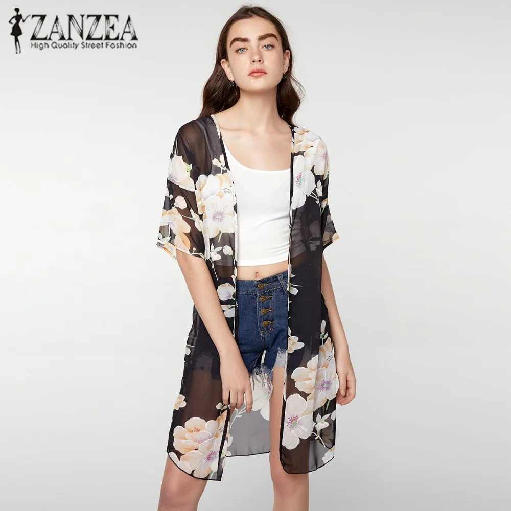 

ZANZEA 2019 Summer Blusas Casual Chiffon Cardigan Blouse Tops Women Floral Printed Kimono Cardigan Tops Plus Size Chemise Femme