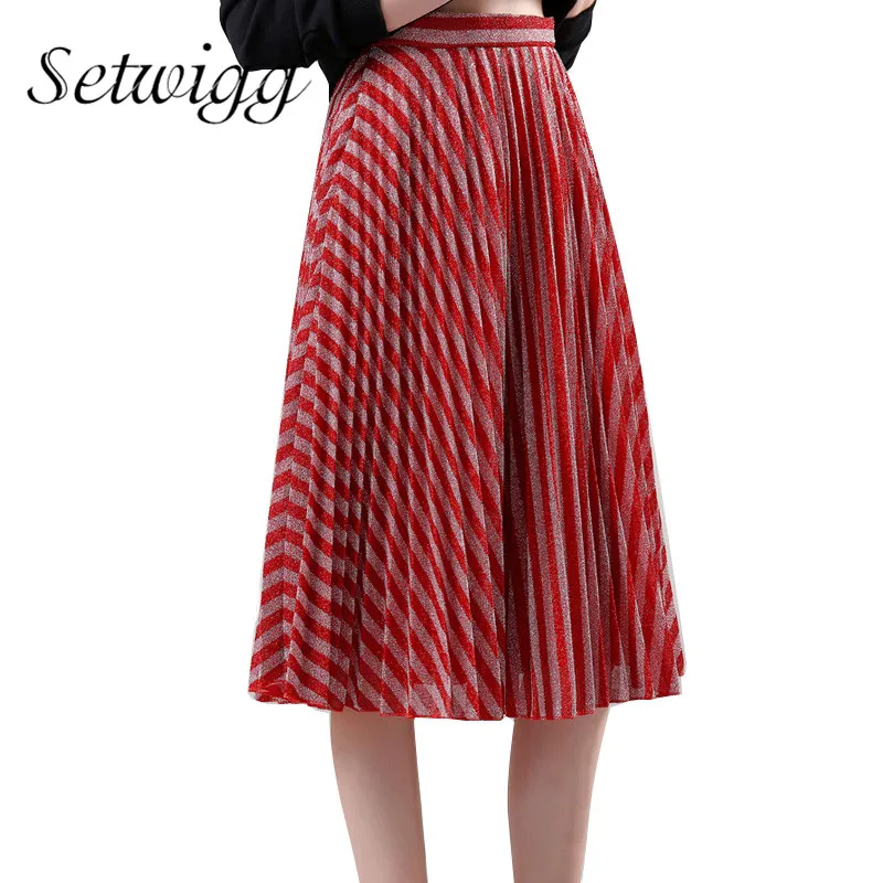 

SETWIGG 2018 Spring Metallic Red/Silver Striped Pleated Midi Skirts Elastic Waist Sweet Shine Line Long Pleated Skirt SG04