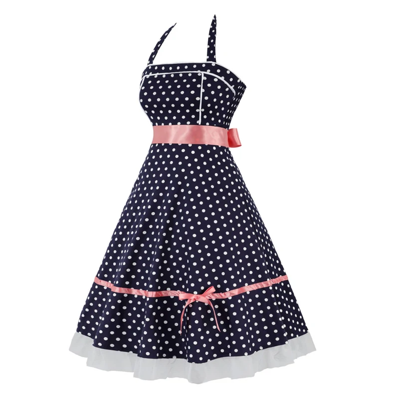 MISSJOY 1950s винтажные платья без рукавов с лямкой на шее, в горошек, в стиле пэчворк, без бретелек, сексуальные платья для вечеринок, элегантные летние платья с поясом