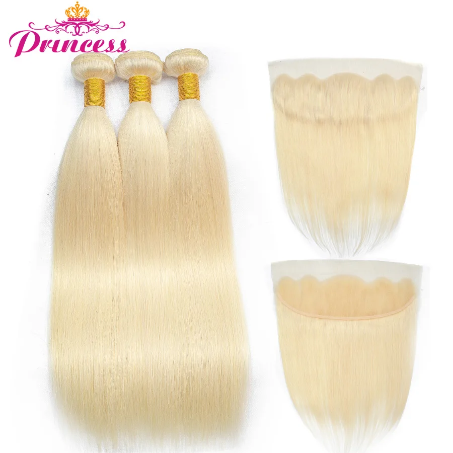 

Beautiful Princess 613 Blonde Straight Brazilian Hair Weave with Closure 3 Human Hair Bundles Hair and Lace Frontal Non- remy