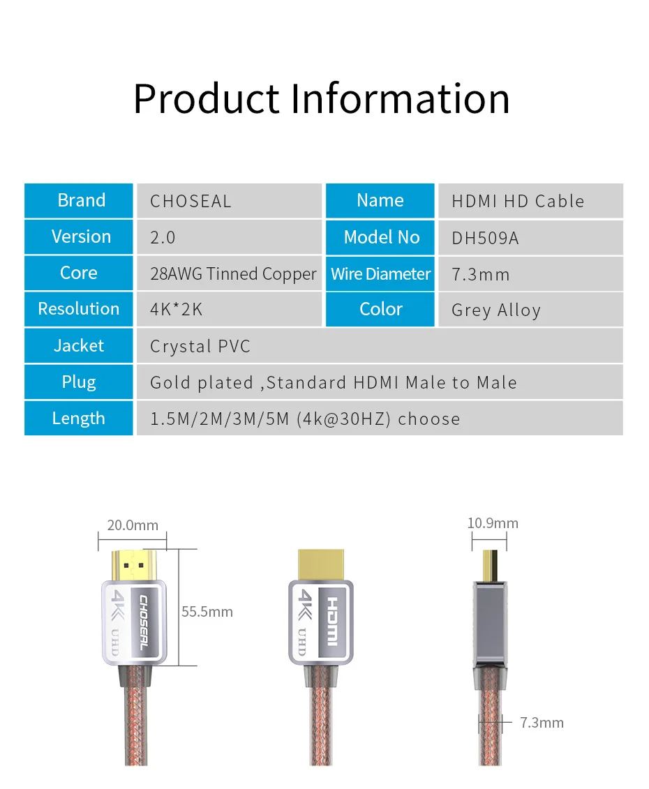 CHOSEAL HDMI Cable 2.0 3D 4K Ultra High Speed HDMI Cable for HD TV LCD Laptop PS3 Projector Computer Cables (10)