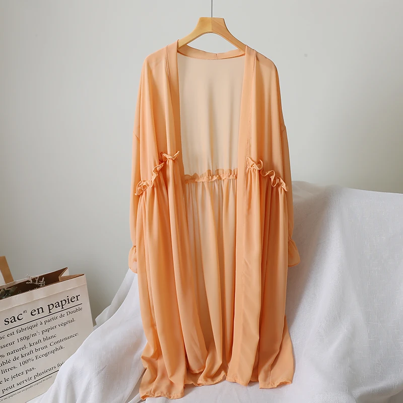 Женский летний пляжный кардиган Boho шифоновый с кружевными оборками подходит ко