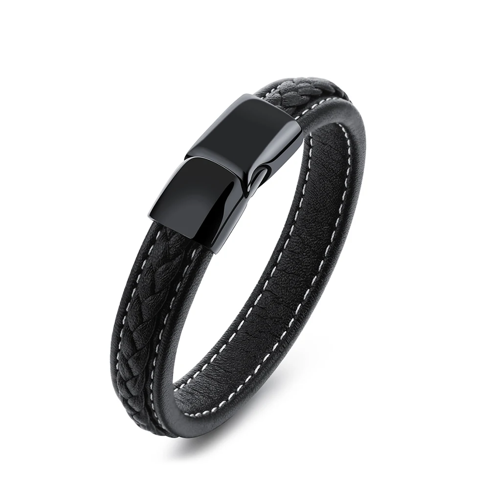 Stainless Steel Rope Braid Leather Bracelets Genuine Cowhide Men