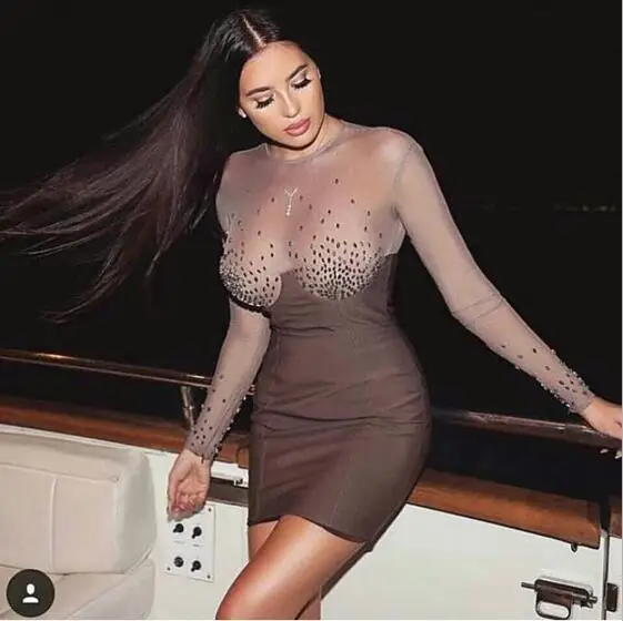 

High Quality Women Sexy O Neck Beading Mesh Long Sleeve Black Rayon Bandage Dress Mini Celebrity Party Dress