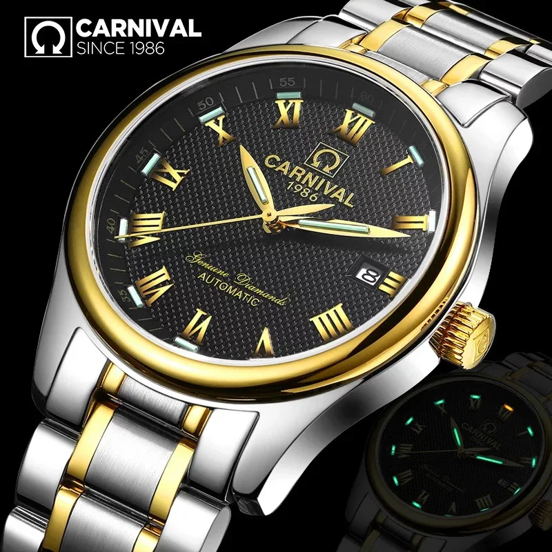 Модные механические часы с автоматическим подзаводом, роскошные брендовые карнавальные тритиевые часы с автоматическим календарем, светящиеся водонепроницаемые часы со скелетом