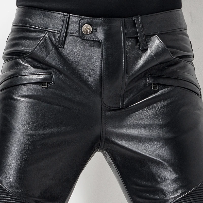 Windproof Thicken Winter New Mens Slim Pants Genuine Leather Cow Male Fashion Zipper High Quality Brand Pants Plus Size 36