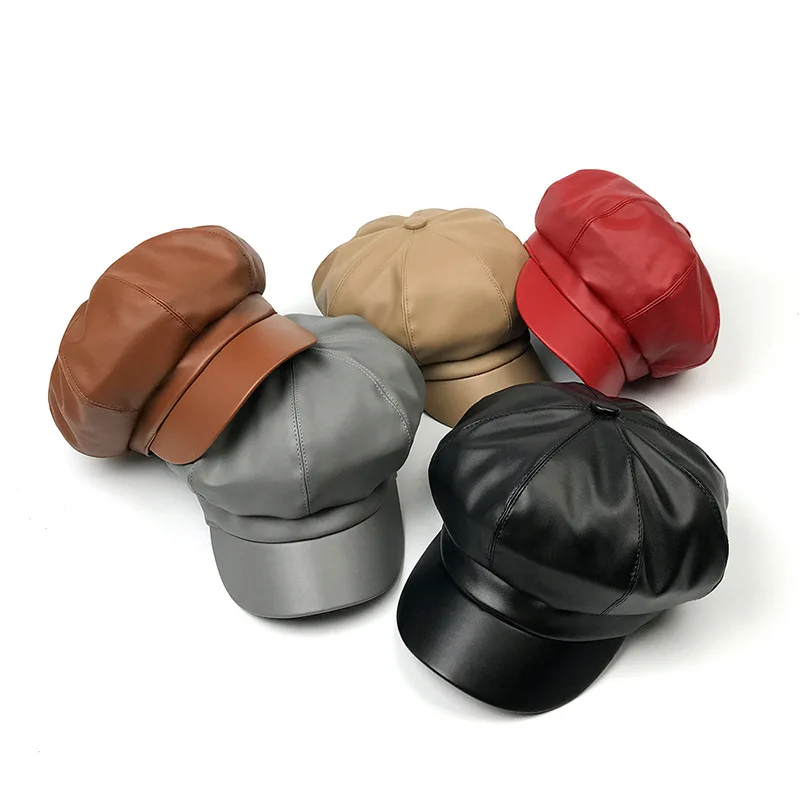 

Women Solid Color Imitation PU Leather Caps Octagonal Cap Casual Vintage Hats Newsboy Cap For Women Casquette