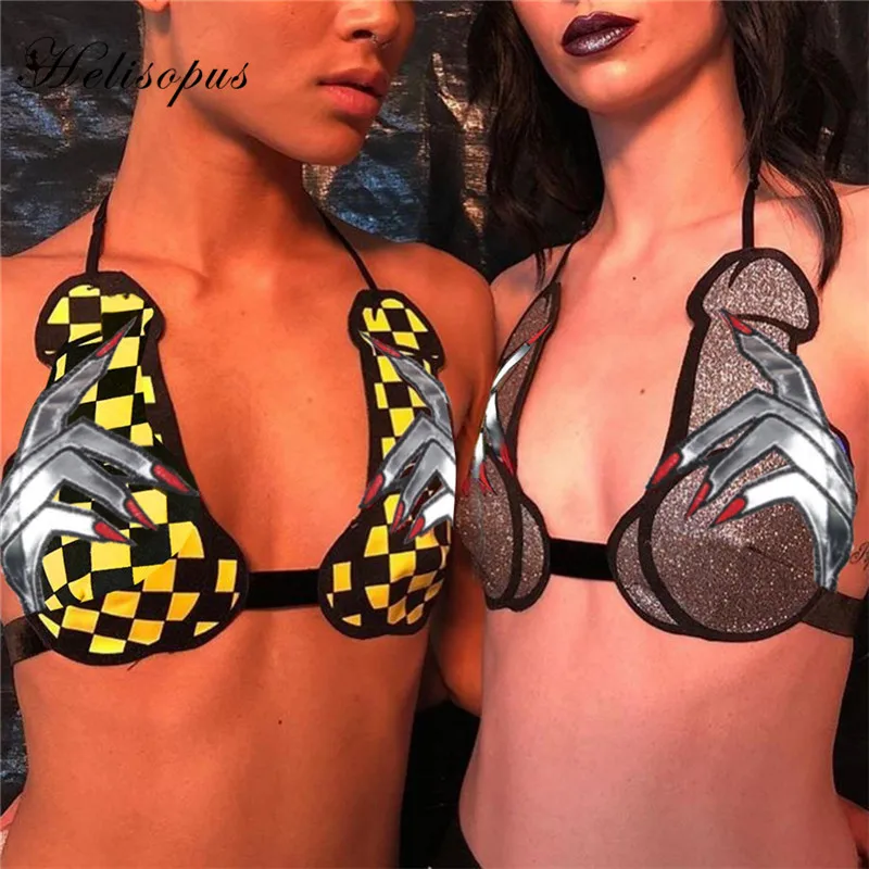 

Helisopus Sexy Backless Crop Top Women Finger Embroidery Patchwork Halter Tops Elastic Bandage Sexy Party Club Knitted Top Camis