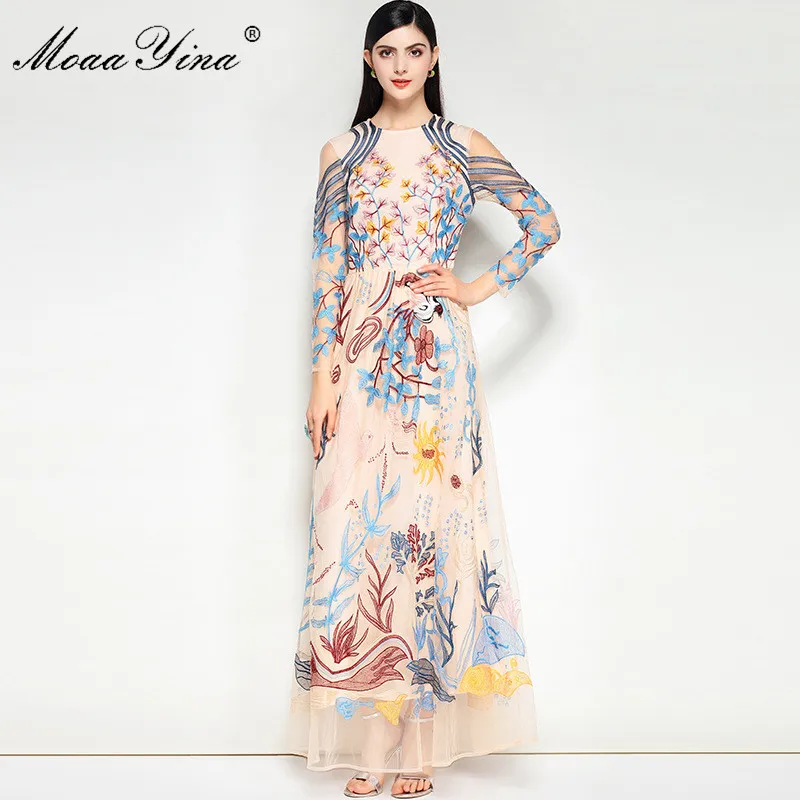 

MoaaYina Designer Runway Dress Summer Women Long sleeve Mesh Floral Embroidery Casual Holiday Noble Elegant Vintage Dress