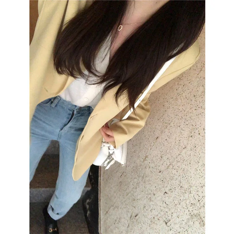 Cream Yellow Simple Temperament Loose Suit Coat Notched Single Breasted Clothes Blazers and Jackets Suit Coat Women 2019