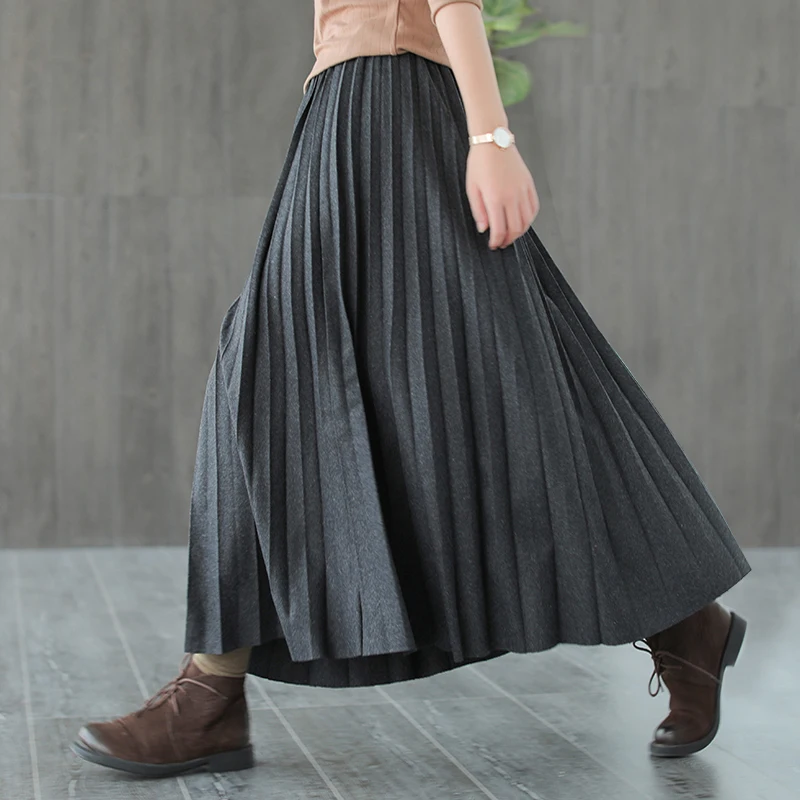 TIYIHAILEY Free Shipping Fashion Casual Winter And Autumn Vintage Wool Long Maxi Pleated Skirts Elastic Waist Brown Black Skirts autumn winter new men cashmere sweater first line ready to wear pullover half turtleneck casual sweater pure wool knit shirt