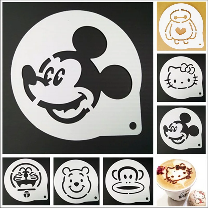 by DHL or EMS 500 pcs Cappuccino Coffee Barista Stencil Template Strew Pad Duster Spray Mold Cartoon Foam Coffee Tools 6 pattern