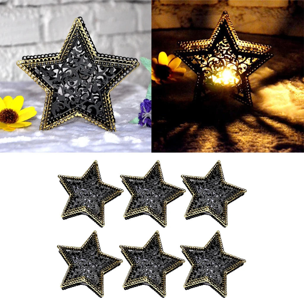 6Pcs 3D Hollow Iron Star Moroccan Mood Tea Light Candlestick Candle Holder Home Shop Bar Cafe Party Garden Lantern