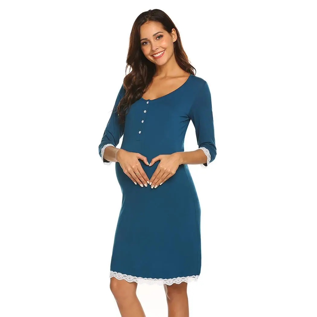 Ekouaer Ночная сорочка женский пеньюар v-образный вырез для беременных три четверти рукав кнопка уютная одежда для сна ночнушка
