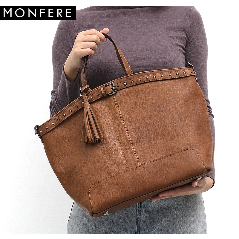 MONFERE Real Leather Top handle bags Brand Female Shoulder bag Large