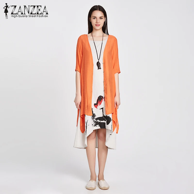 

ZANZEA Fashion 2019 Women Summer Casual Loose Blouses Linen Cardigan Elegant Half Sleeve Long Vintage Outwear Plus Size S-5XL