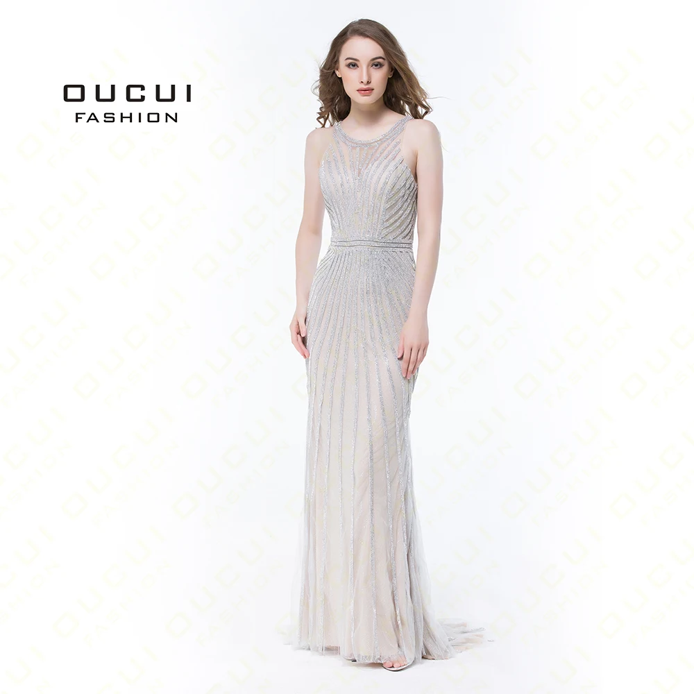 Online Oucui Goldene Kristall Abendkleid Tüll Spitze Blumen Prom Kleider Luxus Sleeveless Partei Sexy Dubai Formal Robe Femme OL102871