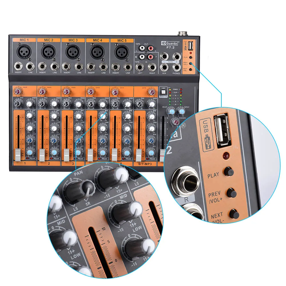 Портативный 7-канал линия для микрофона Аудио смеситель микшерный пульт 3-полосный USB Интерфейс 48В Мощность с Мощность адаптер