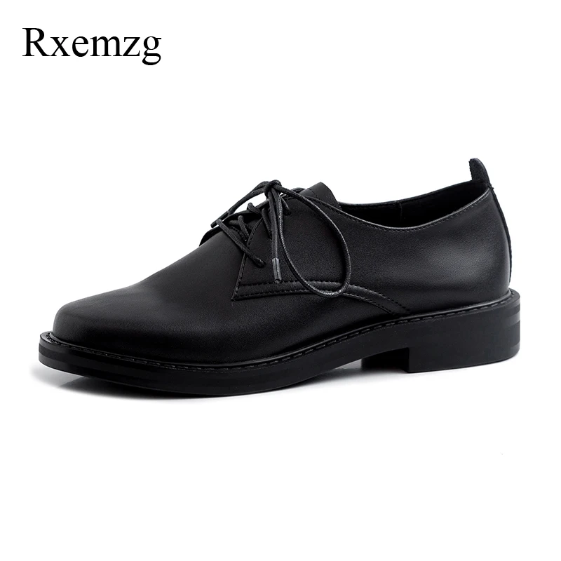 

Rxemzg spring British style genuine leather oxford shoes for women square heels flats platform shoes woman lace up oxford shoes