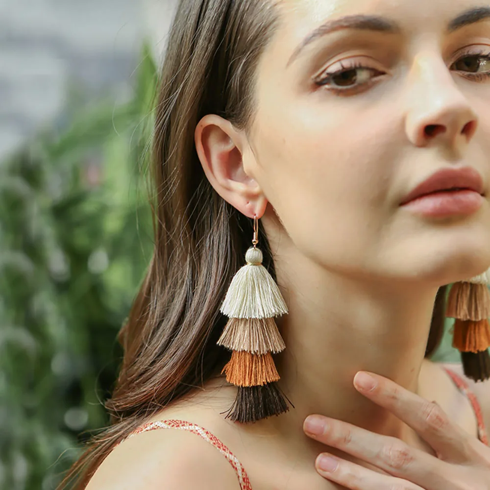 

FAMSHIN Fashion Handmade Braided Tassel Earrings Female Long Drop Dangle Earring For Women Girl Blue Bohemian Statement Jewelry