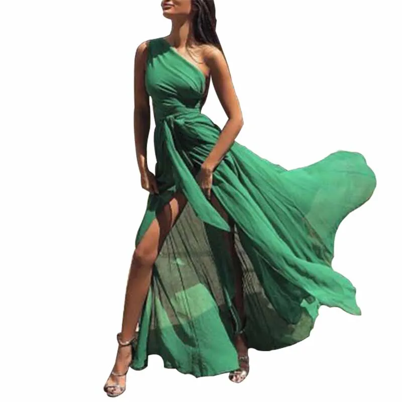 

2019 Summer New Women's Clothing Solid Sexy One-shoulder Sleeveless Split Elegant Women Long Red Dress Party Beach Bodycon Dress
