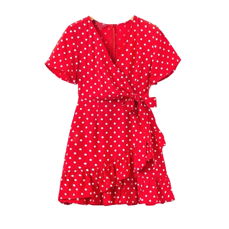 

Summer Women V-neck White Dot Mini Dress Butterfly Short Sleeve Front Ruffles Design A-line Mini Dress