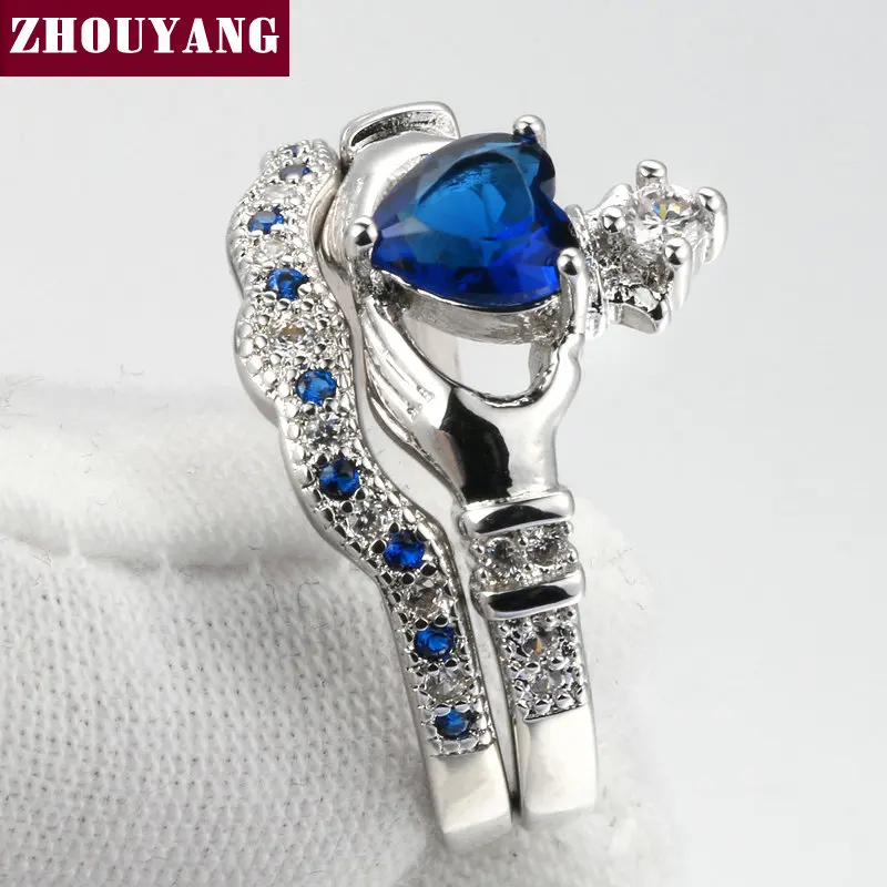 Holding the Created Blue Crystal love Heart Cubic Zirconia Crown Wedding Ring Sets Silver Color Blue Crystal 2016 new ZYR616